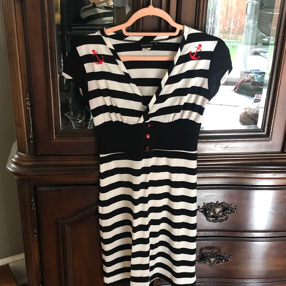 Nautical Striped Mini Dress with Red Anchor Accents